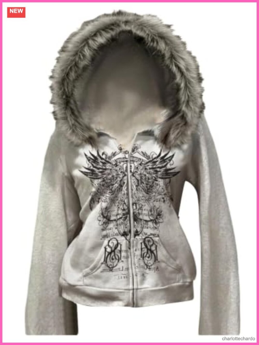 Faux Fur Trim Zip Up Hoodie Women's Graphic Long Sleeve Y2k Grunge